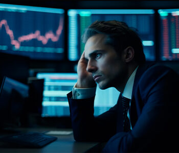Trader pensativo e triste pensando no local de trabalho. Tela do computador com gráficos, fundo de crise financeira do mercado de ações digital em pânico. Empresário cansado e estressado.